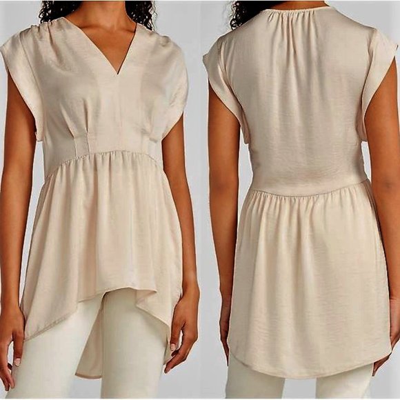 Satin V-Neck Hi-Lo Cream Tunic Blouse *NEW WITH TAGS* - Picture 1 of 16